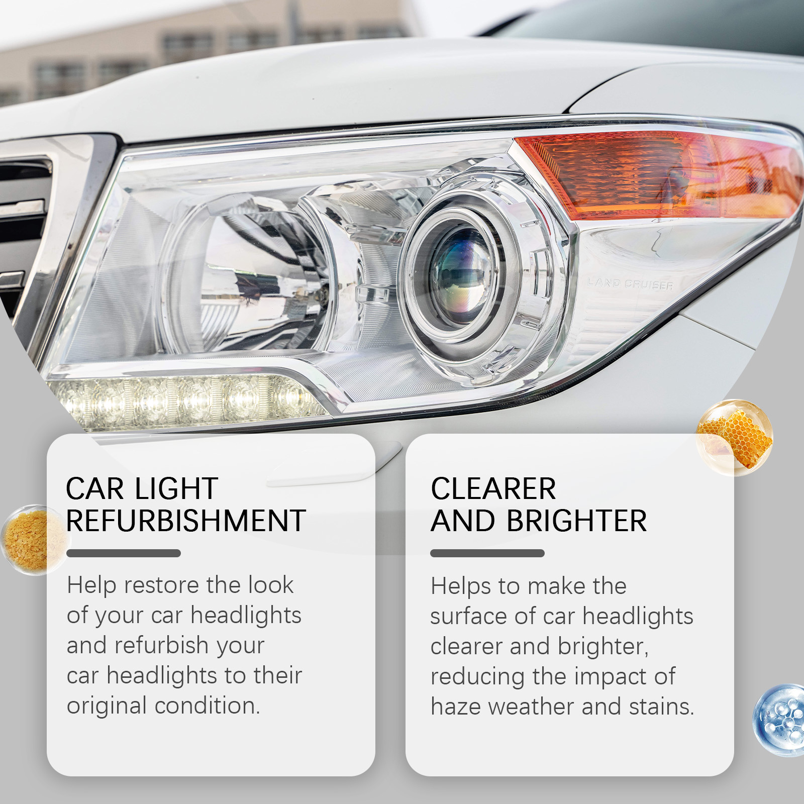 Cloudy car headlight shown in refurbishment comparison