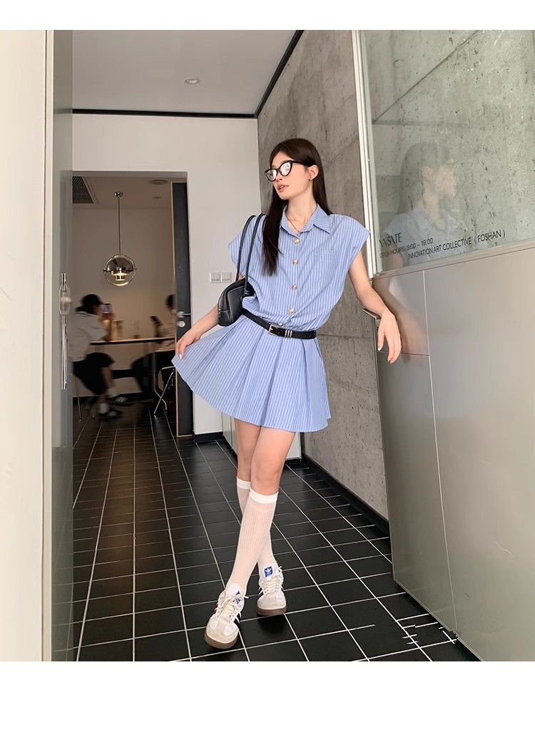 商品详情图_蓝条纹翻领衬衫连衣裙女夏季2025新款学院风气质