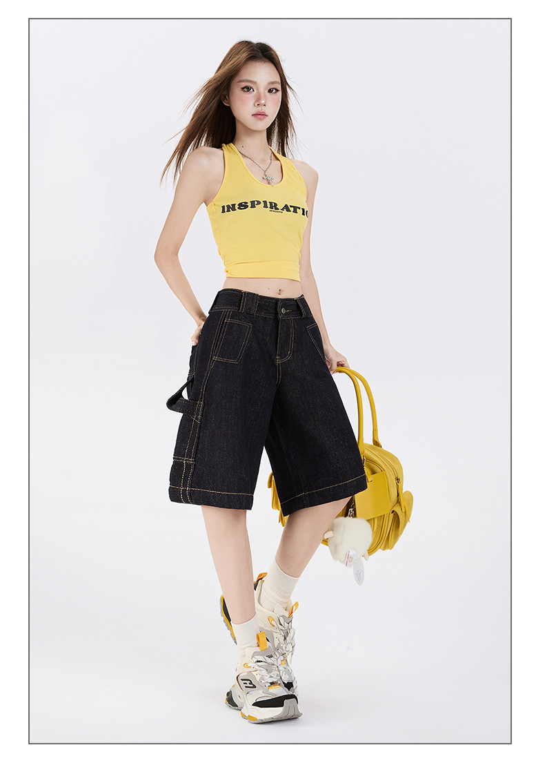 Color-blocked Denim Pants for Women Casual Loose Straight Leg Capri Pants CDC830FA6C852B3DC3A3E047A05E3654