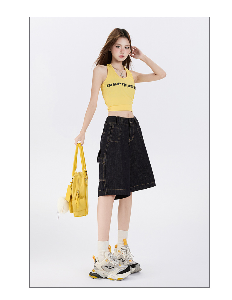 Color-blocked Denim Pants for Women Casual Loose Straight Leg Capri Pants D03400CD1FC9F93AFA4BAF4EA2E26241