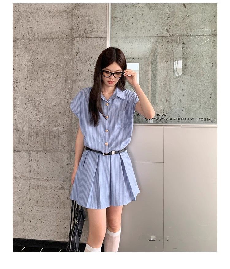 商品详情图_蓝条纹翻领衬衫连衣裙女夏季2025新款学院风气质