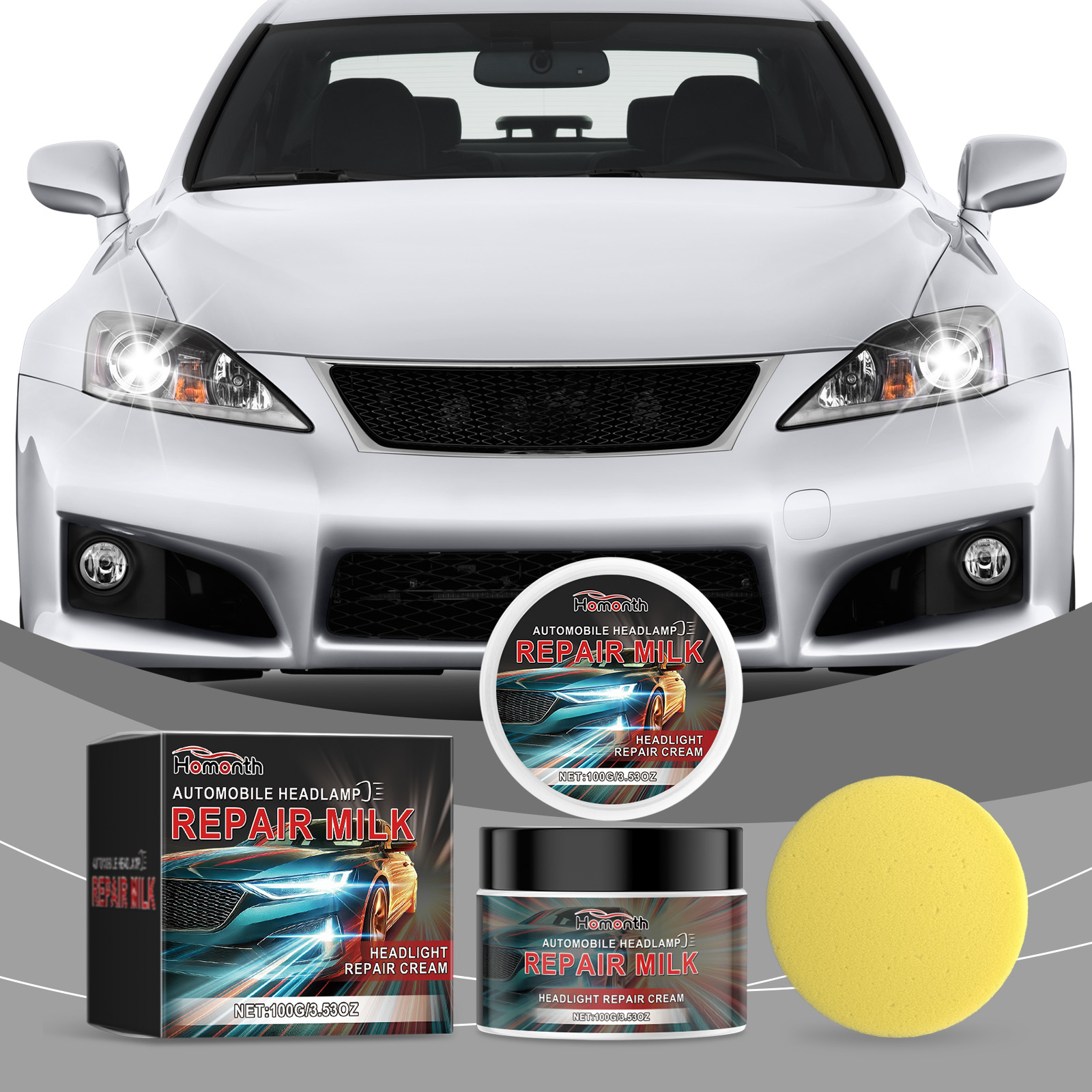 Homonth headlight treatment beside illuminated car headlight
