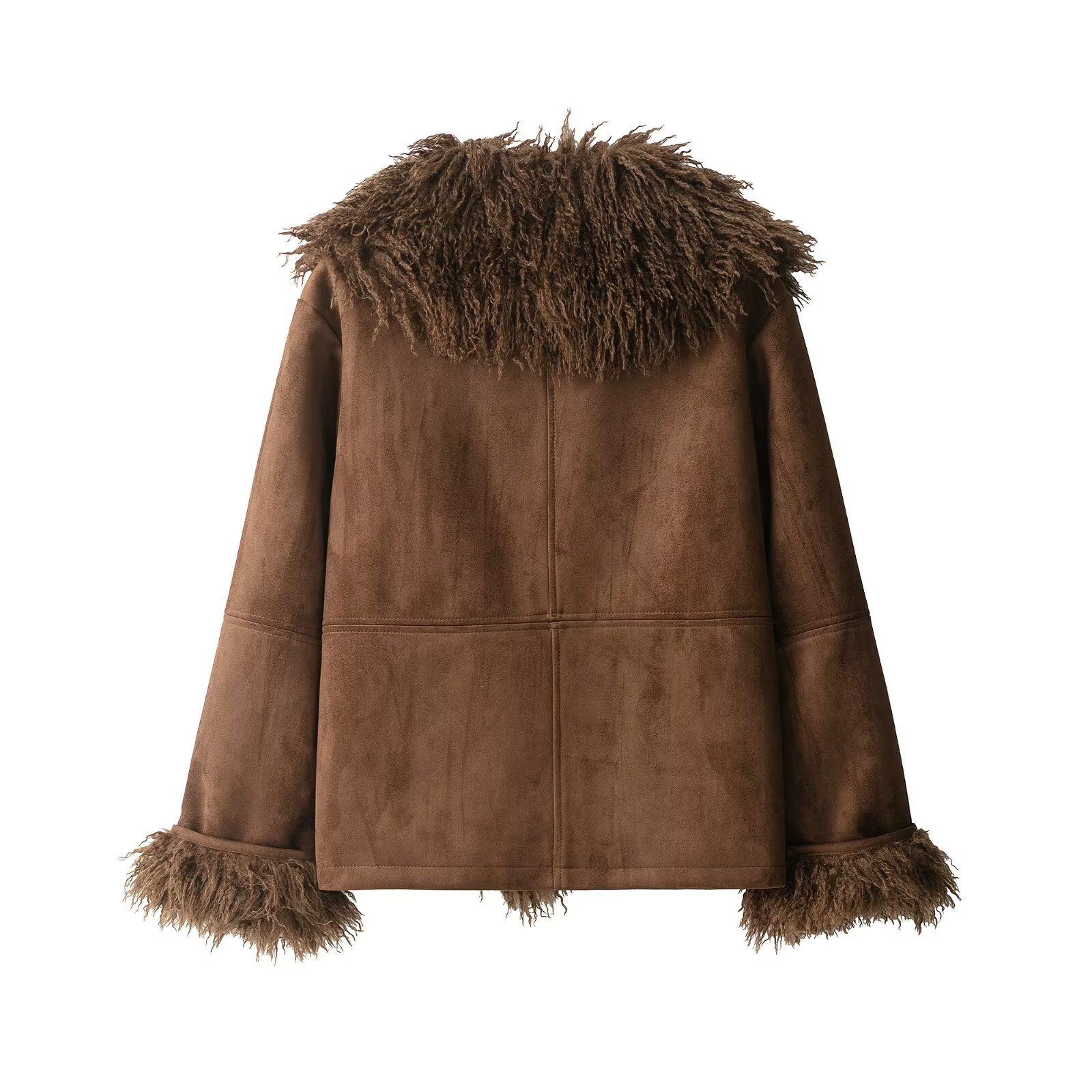 Chaqueta en piel vegana de mujer con cuello de pelo Chaqueta de mujer marrón con detalle de pelo