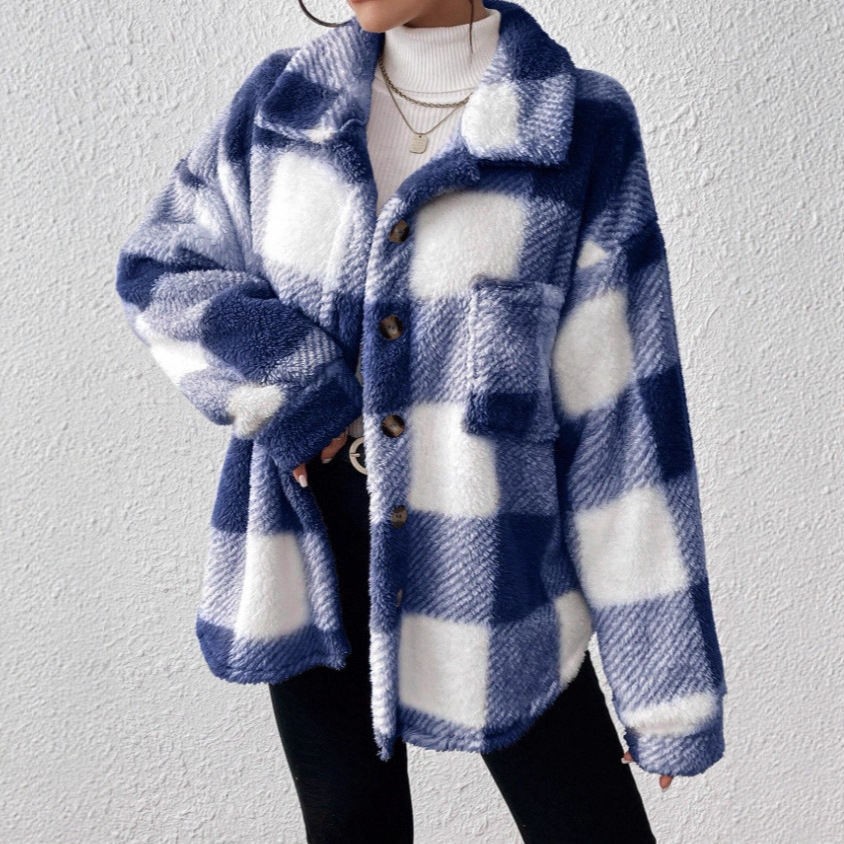 Women’s Casual Plaid Plush Jacket – Button Front Cozy Outerwear