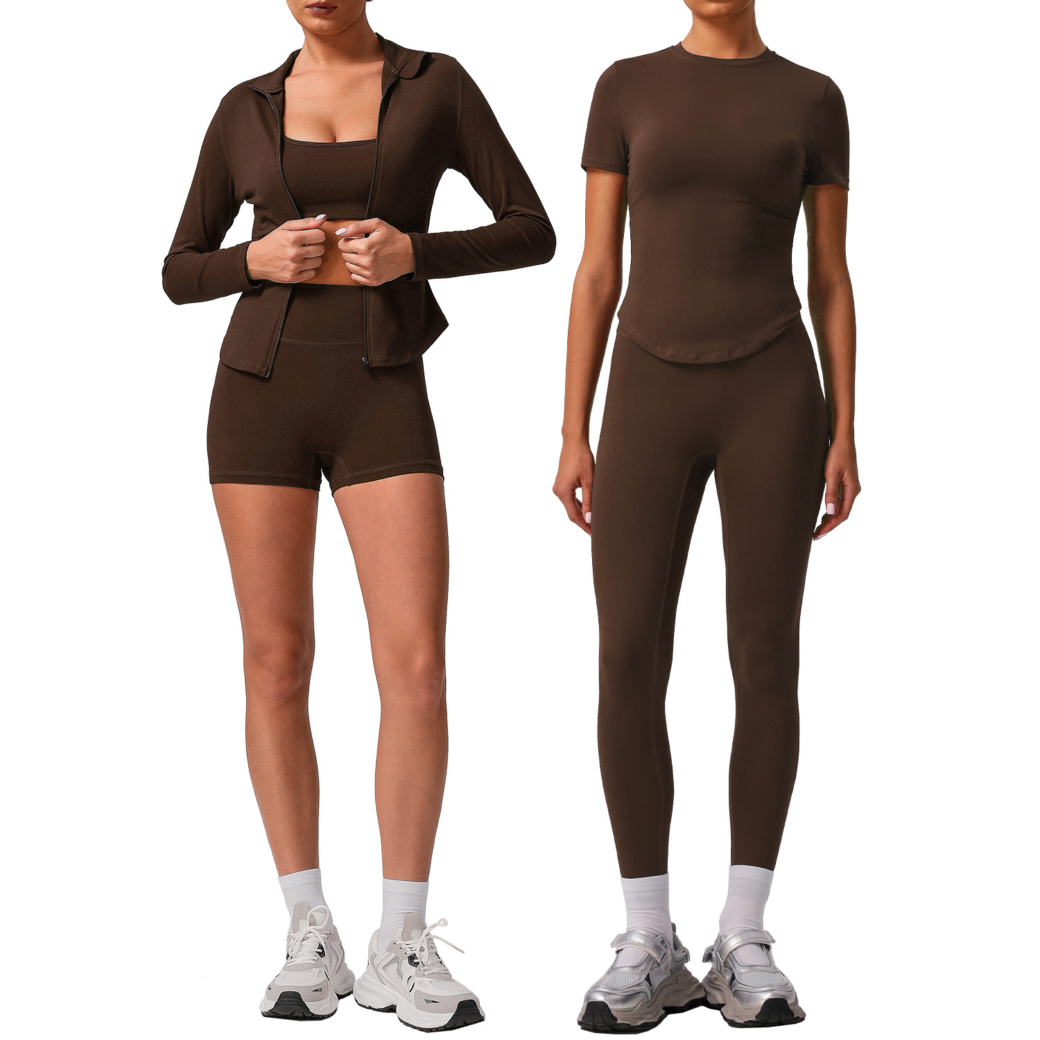 Solid color tight yoga suit quick drying fitness suit outdoor body shaping running women's fitness ﻿