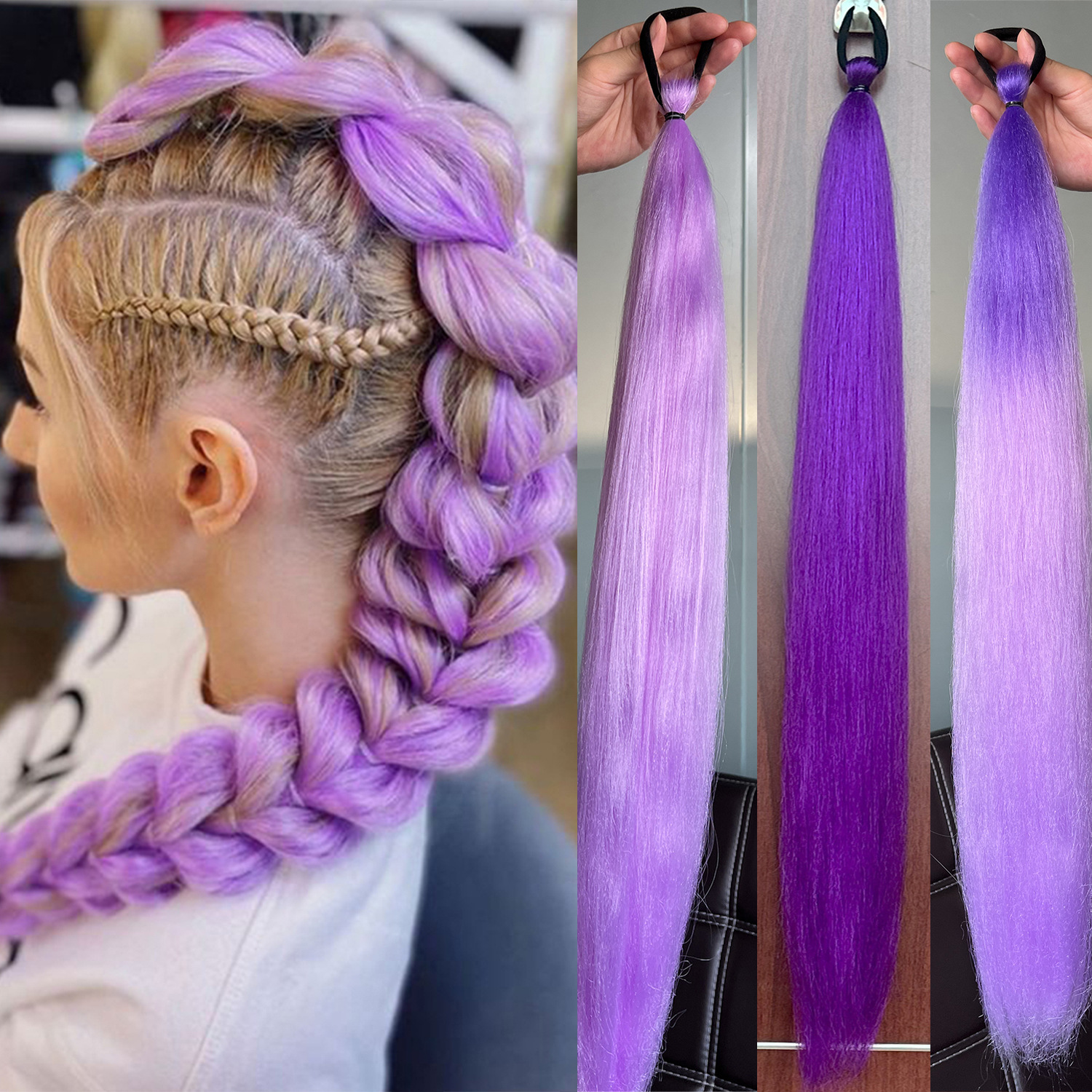 2-piece set of girls' rubber band ponytail wig boxing braid colorful elastic rope braid ponytail wig hair extensions