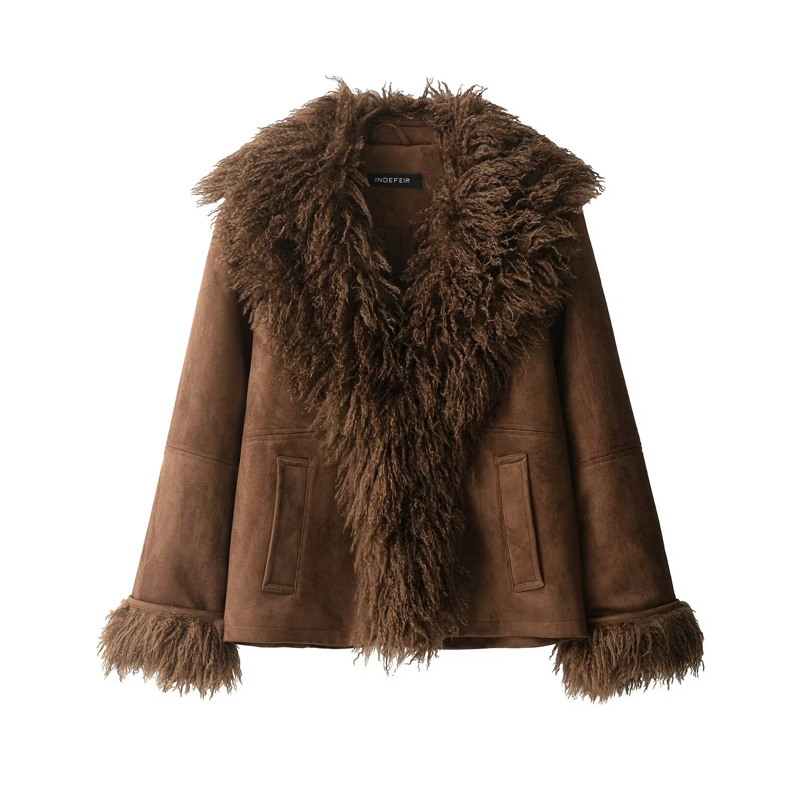 Chaqueta en piel vegana de mujer con cuello de pelo Chaqueta en piel vegana marrón con cuello de pelo