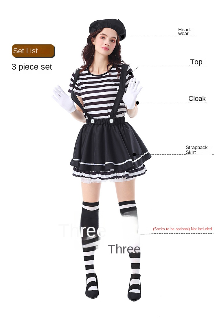 Striped Mime Clown Costume for Women detail image 2