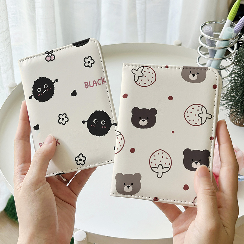 Black and Pink Cute Bear Series Passport Holder Document Wallet Protective Case Multi-Functional Card Holder Travel Organizer Portable