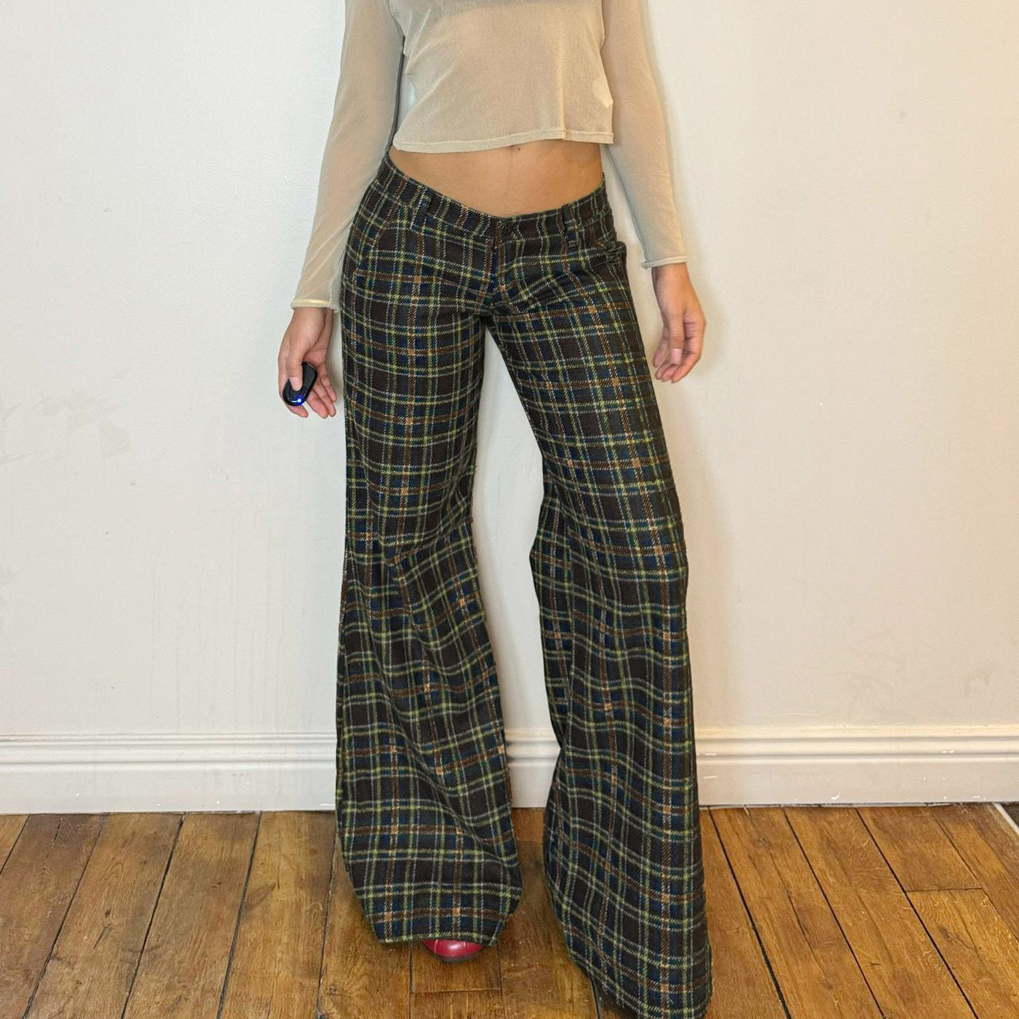 Pantalones casuales de tejido tartán escocés de mujer