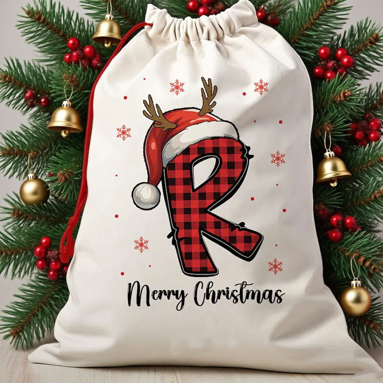 Christmas Cotton Drawstring Bag 30*40cm Plaid Alphabet A-Z Santa Hat Gift Storage Bag