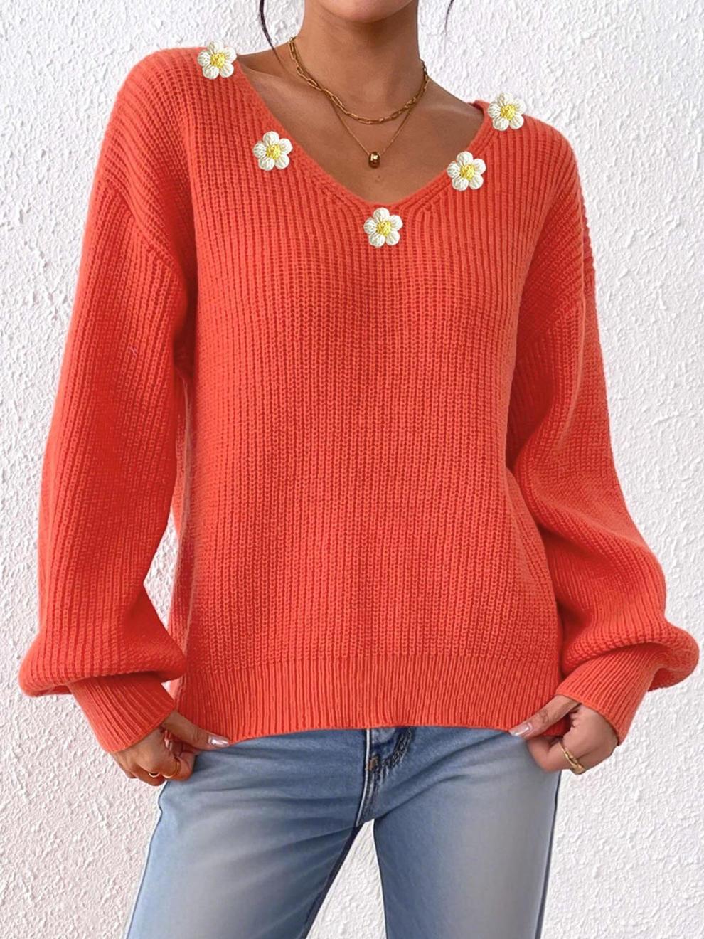商品详情图_女士秋冬上衣跨境欧美女装V领套头上衣手钩花朵拼接