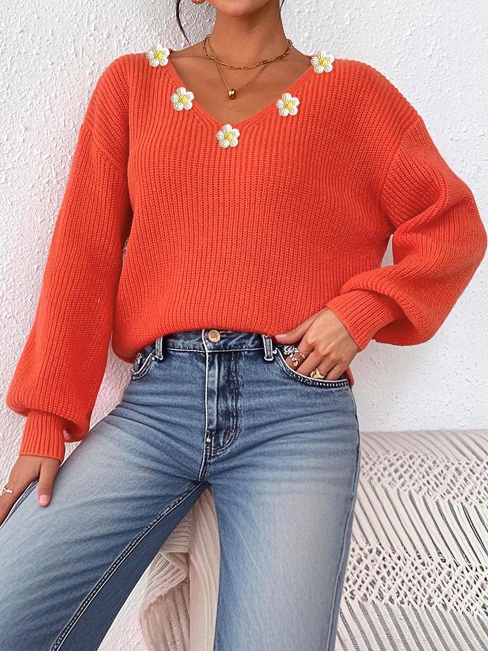 商品详情图_女士秋冬上衣跨境欧美女装V领套头上衣手钩花朵拼接