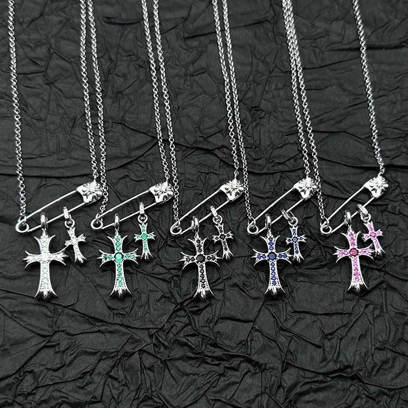 925 Silver Plated White Gold Rhinestone Pin Double Cross Pendant Necklace for Men and Women
