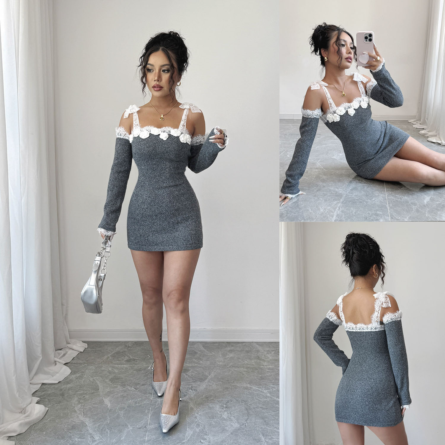 Vestido corto de un hombro con encaje gris
