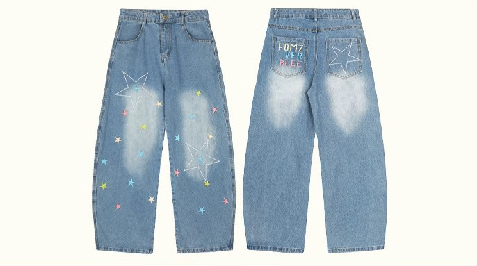 Jeans rectos mujer bordado estrellas azul