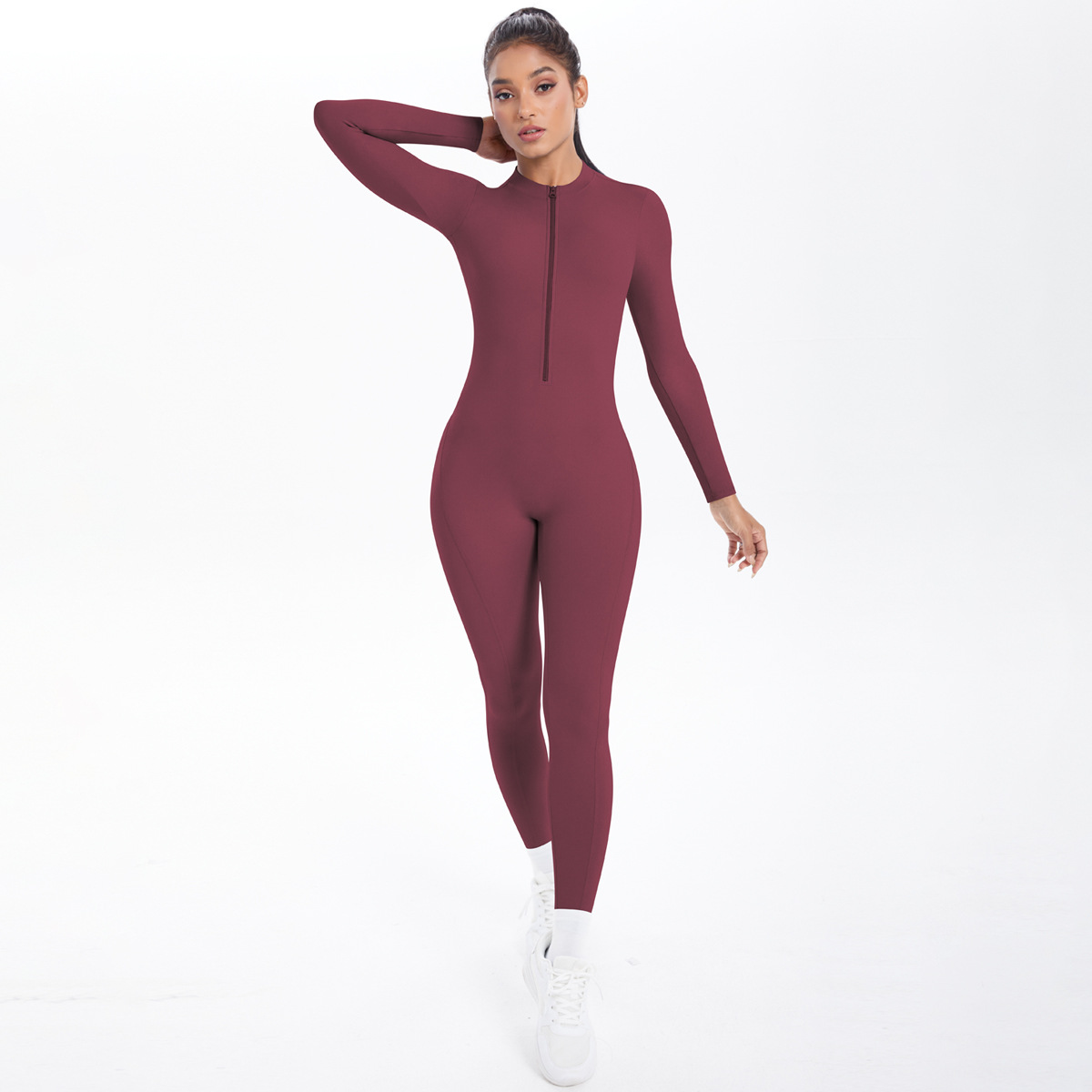 Style Half-Zip Yoga Jumpsuit, Bare-Skin Feel Slim Fit High Elastic Fitness Long Sleeve Long Pants