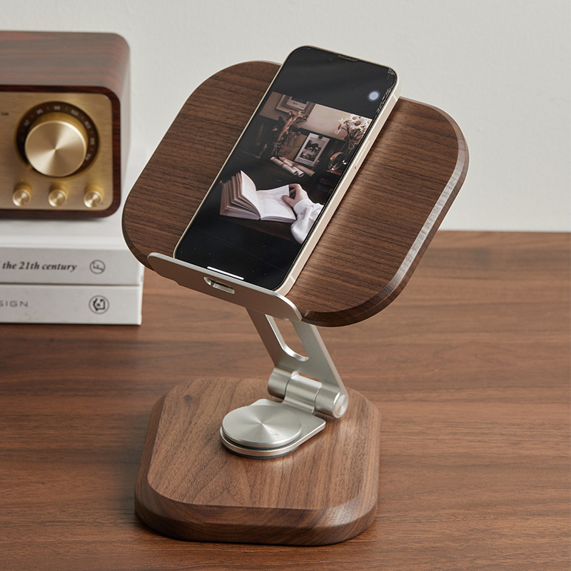 Walnut Wood Tablet Stand, Desktop Office Gaming Chicken Eating Adjustable Rotating Fixed Phone