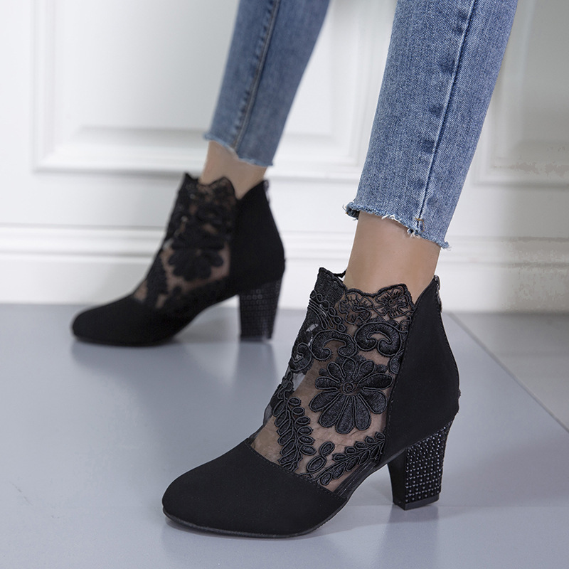 Lace Mesh High-Heeled Sandals Women European and American Style Round Toe Chunky Heel Roman Sandals Wholesale