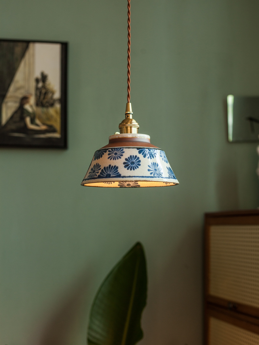 Chinese Retro Tea Room Ceramic Pendant Lamp with Underglaze Color, Ancient Style Nostalgic Cottage