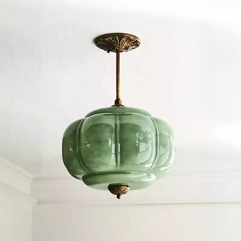 Vintage All-Copper Ceiling Lamp, American Style Simple Glass Pumpkin Pendant Light for Restaurant