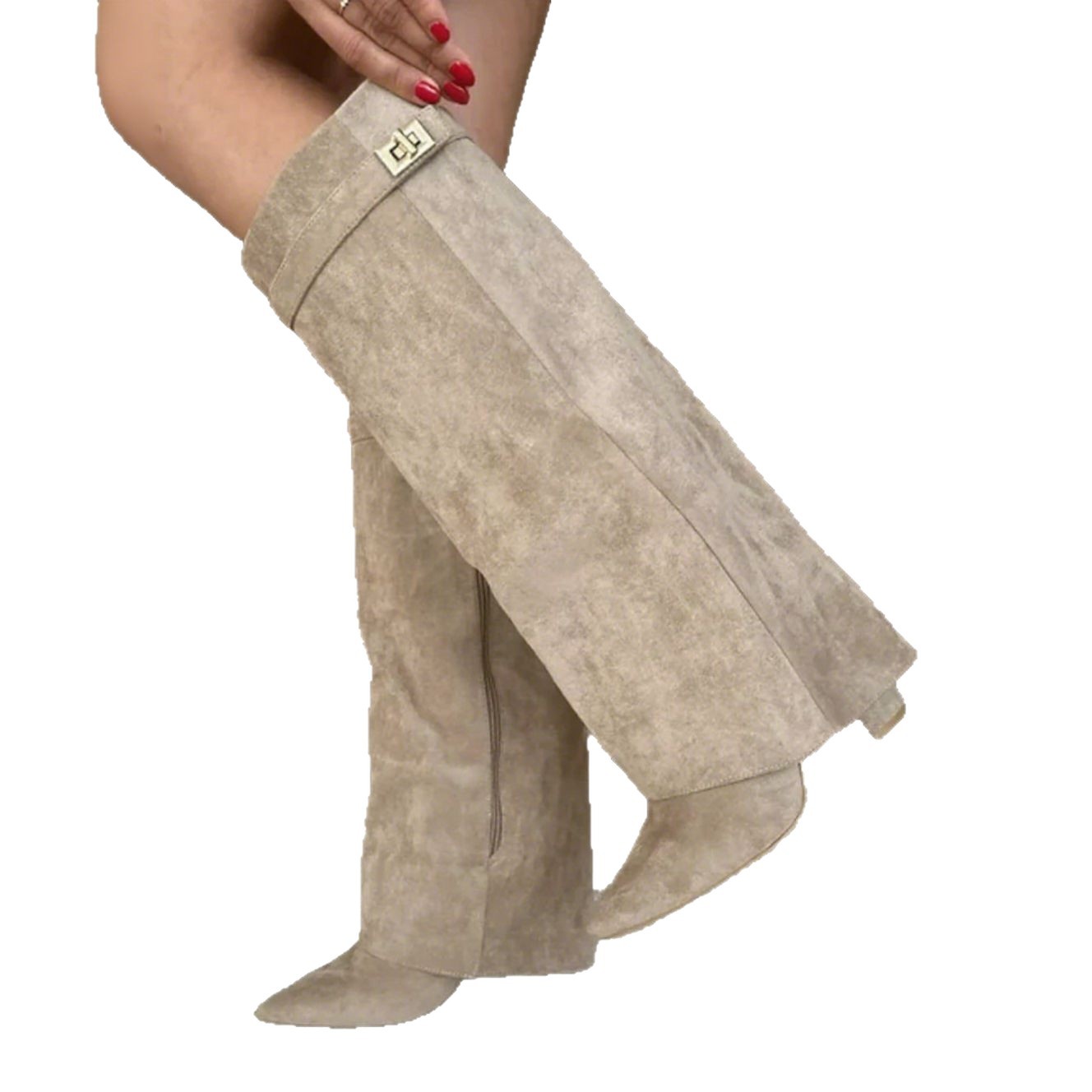 Boots with pointed toes large tube circumference straight tube metal buckle medium length thick heel