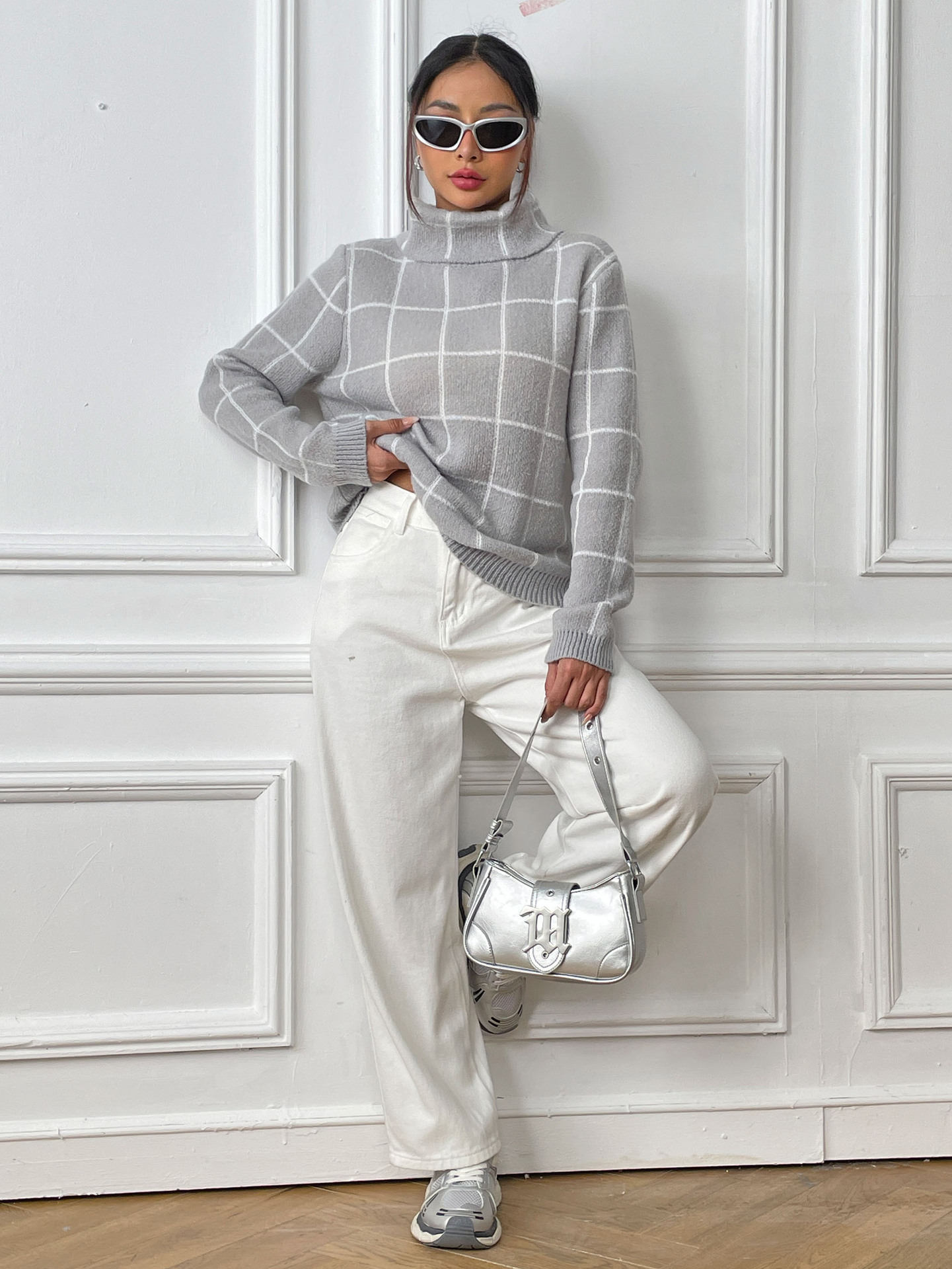 女士套头上衣跨境欧美女装机织衫打底衫撞色格子高领毛衣上衣M6