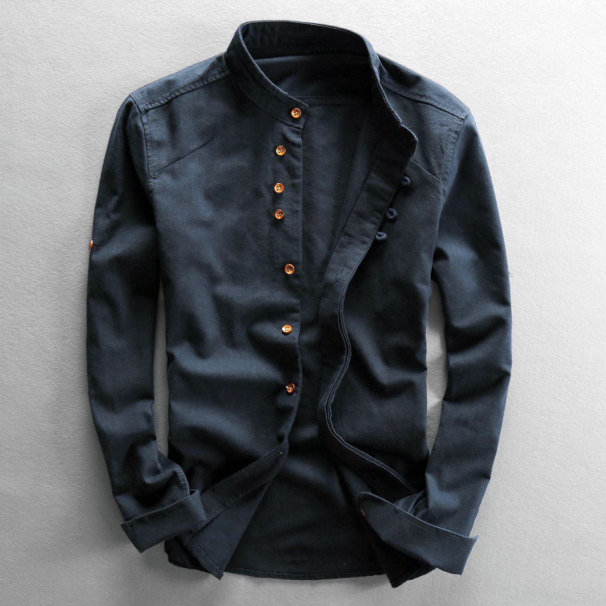 Casual Men's Linen Shirt Gentleman Style Stand Collar Cotton Linen Blouse 0DD9AA520B29C549C04D61EC5D58BB9D