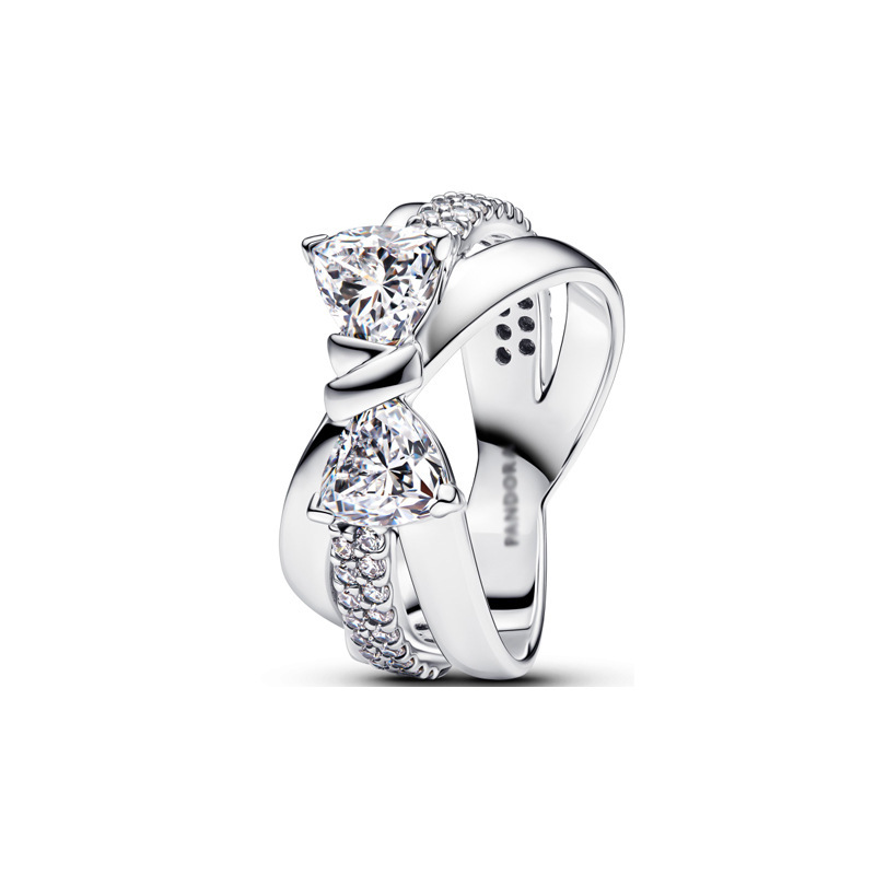 Panda Dora S925 Silver Ring with Pavé Set Sparkling Starlight Bow, Fashionable Elegant