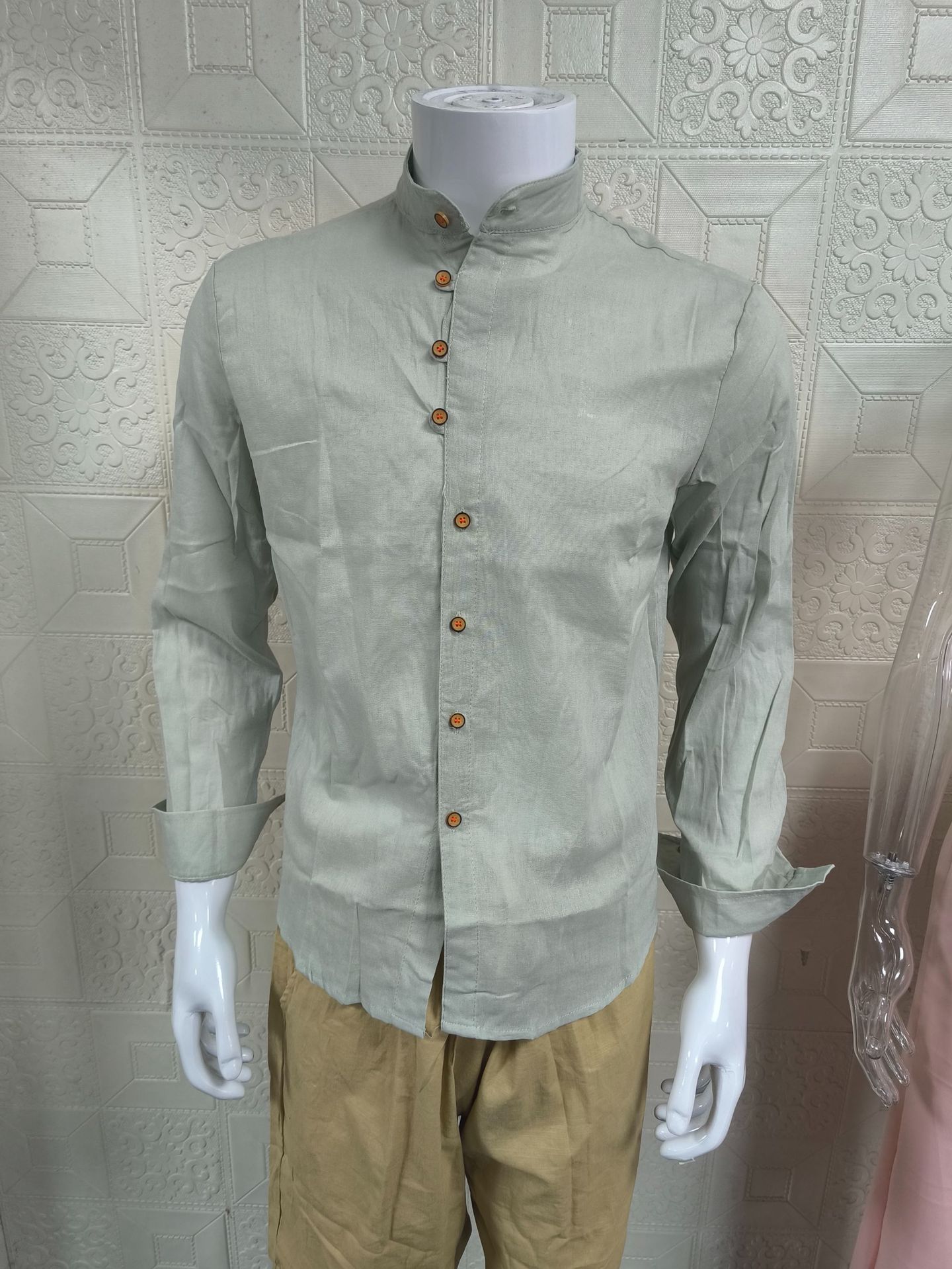 Casual Men's Linen Shirt Gentleman Style Stand Collar Cotton Linen Blouse 1FF0783543F8B67CE51C9D137E3505F1