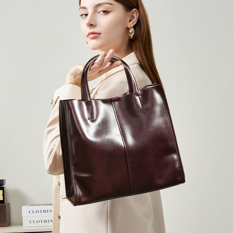 Leather Tote Bag for Women, Genuine First Layer Vegetable-Tanned Leather, Large Capacity