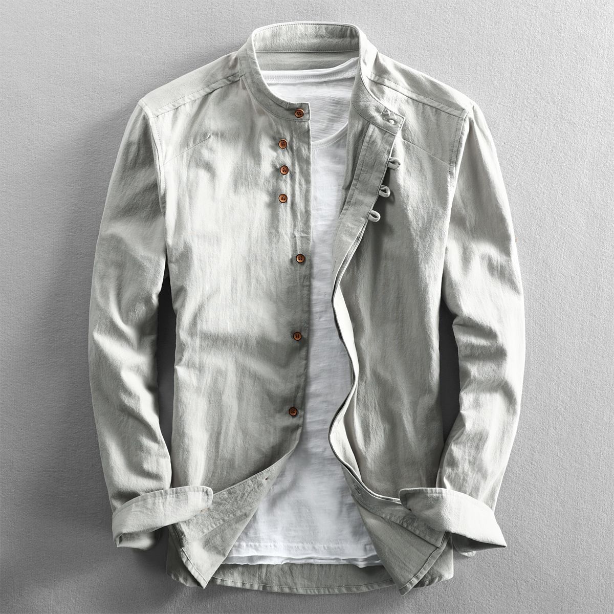 Casual Men's Linen Shirt Gentleman Style Stand Collar Cotton Linen Blouse 43BBBE9CEA46F1E597403DDEA79EE1E4