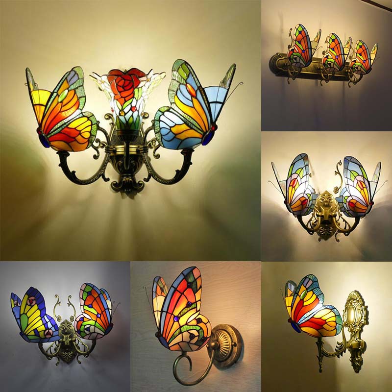 European and American Style Butterfly Corridor Wall Lamp, Colorful Glass Creative Lighting, Bedroom
