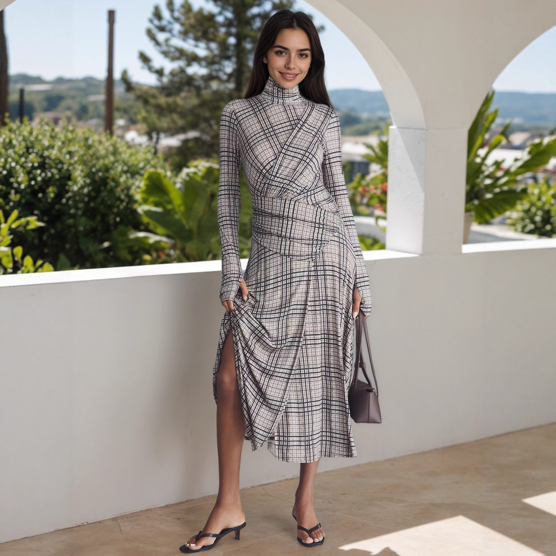 Plaid pleated maxi dress styled for work and dinner – apricot black stripe A-line long dress
