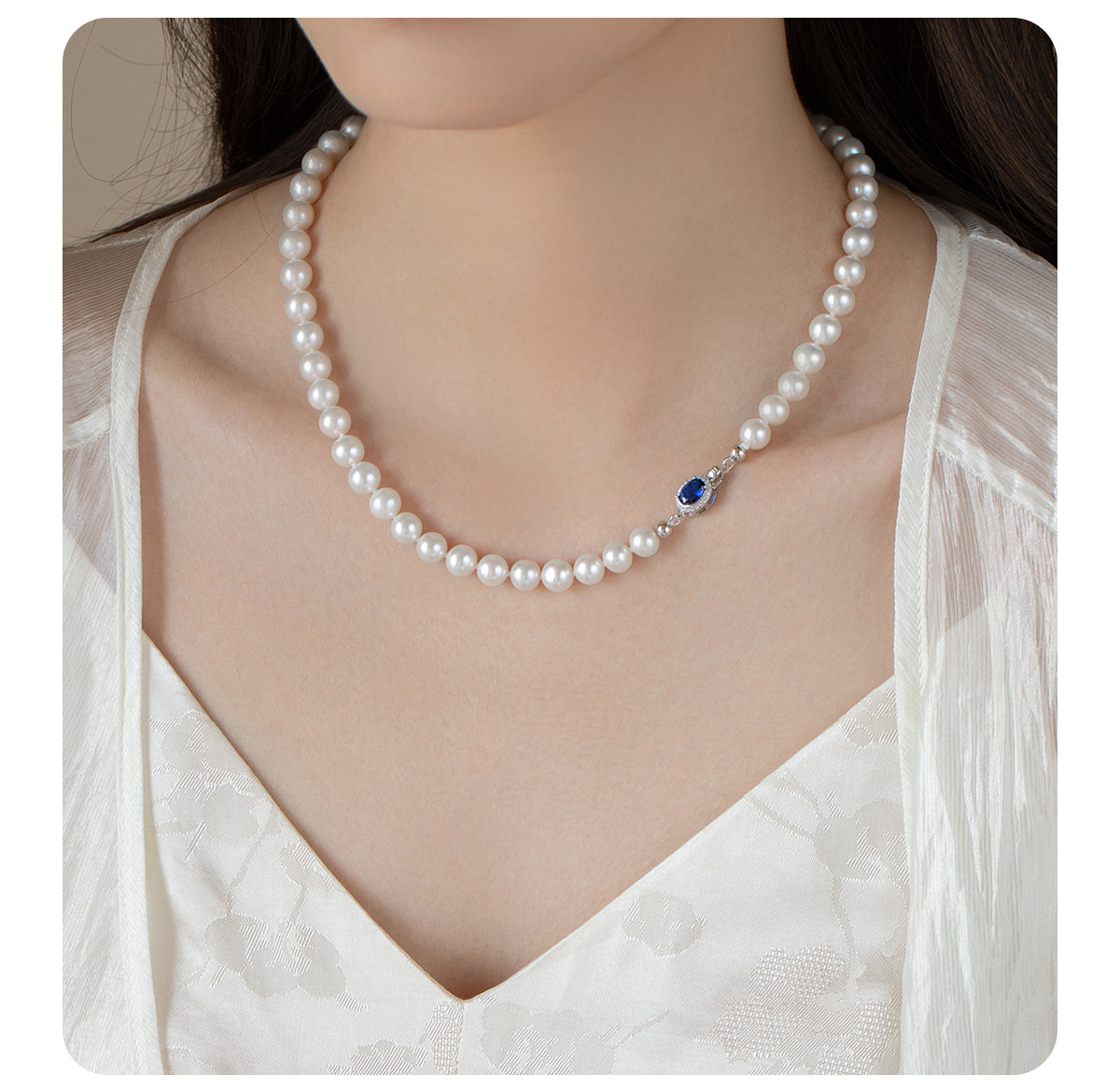 Natural Mother-of-Pearl Pearl Necklace Silver Blue Gem Clasp High Luster Premium Quality Pearl
