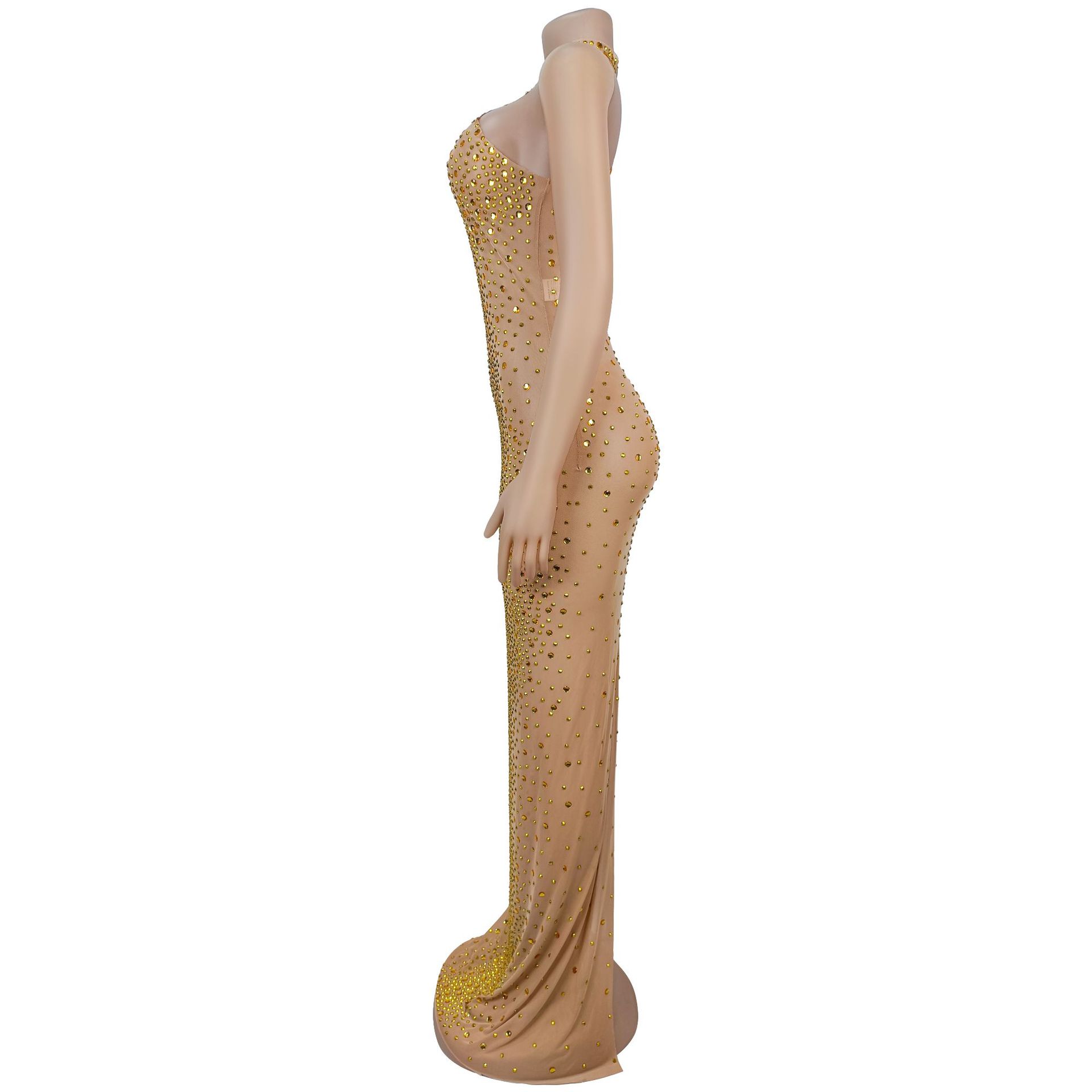 Side view fashion sheer mesh rhinestone fitted dress women