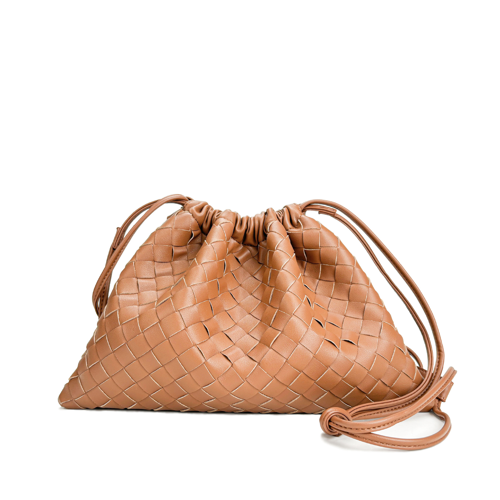 Elegant Fashion Genuine Leather Quilted Shoulder Crossbody Magnetic Snap Drawstring Closure Woven