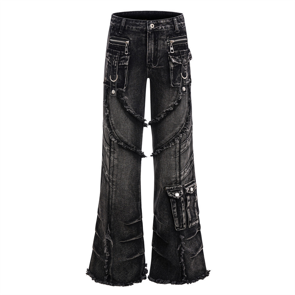 Women’s Gothic Flared Cargo Jeans Distressed Punk Y2K Casual Denim Jeans Pants