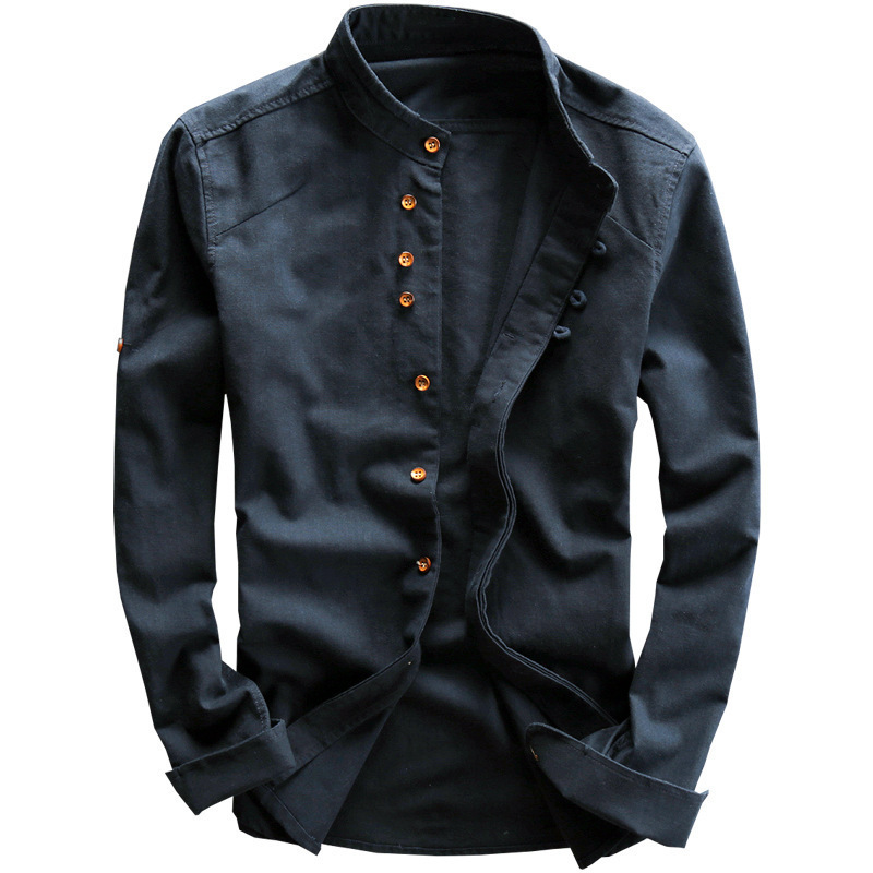 Casual Men's Linen Shirt Gentleman Style Stand Collar Cotton Linen Blouse B200DCFEC1695D7252B2C5B73F76E771