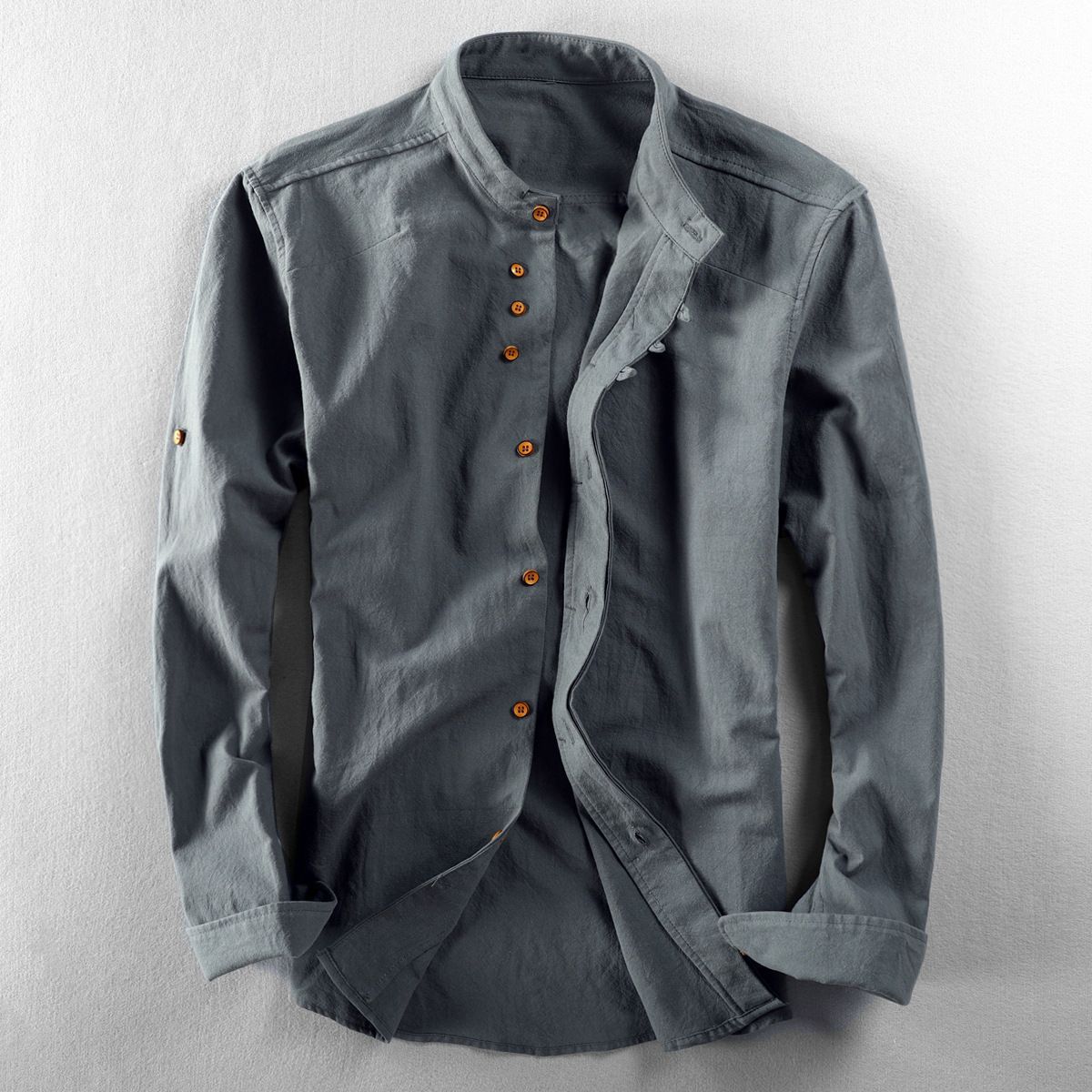 Casual Men's Linen Shirt Gentleman Style Stand Collar Cotton Linen Blouse C27418D7361E08E257543B116F48ACF1