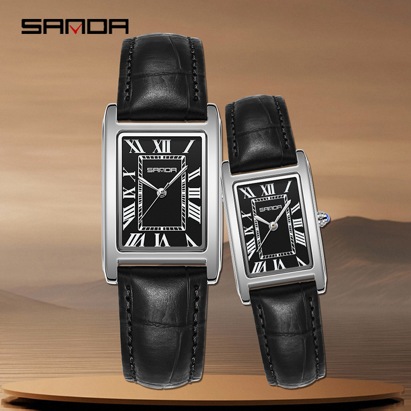 SANDA New Couple Watches Square Waterproof Quartz Watches Minimalist Three-Hand Roman Dial Men's and