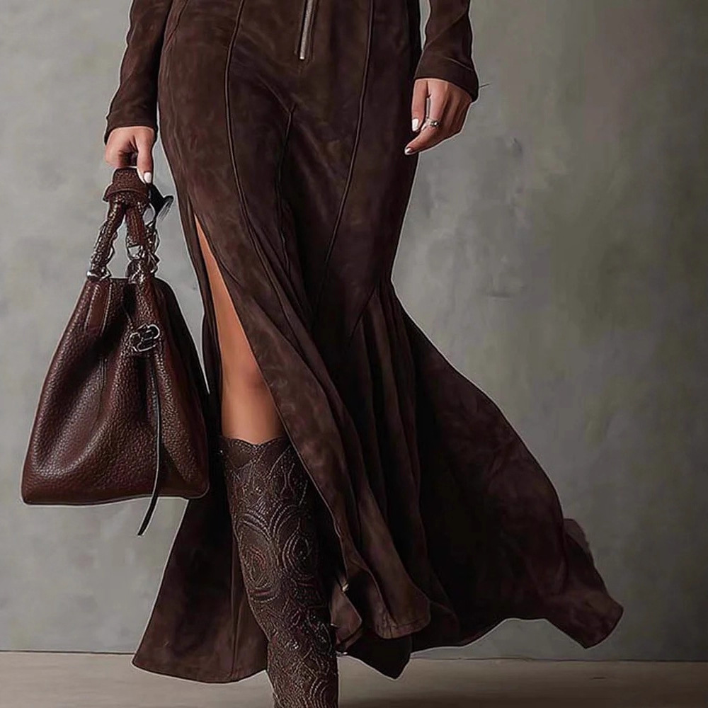 Women's fishtail maxi dress lifestyle shot – styled with boots and leather bag