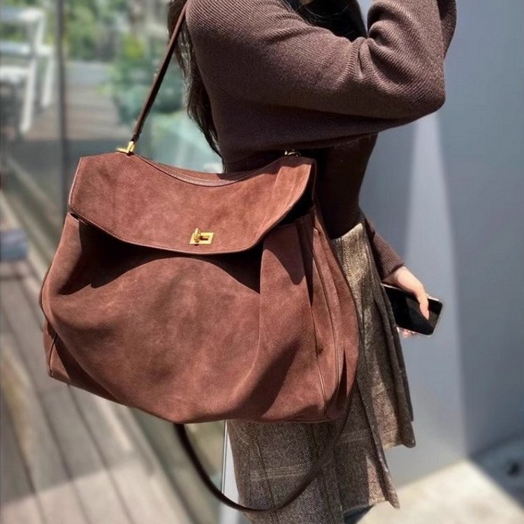 Vintage Autumn Winter Suede Matte Tote Bag, Elegant Shoulder Crossbody Kelly Bag for Women, Large