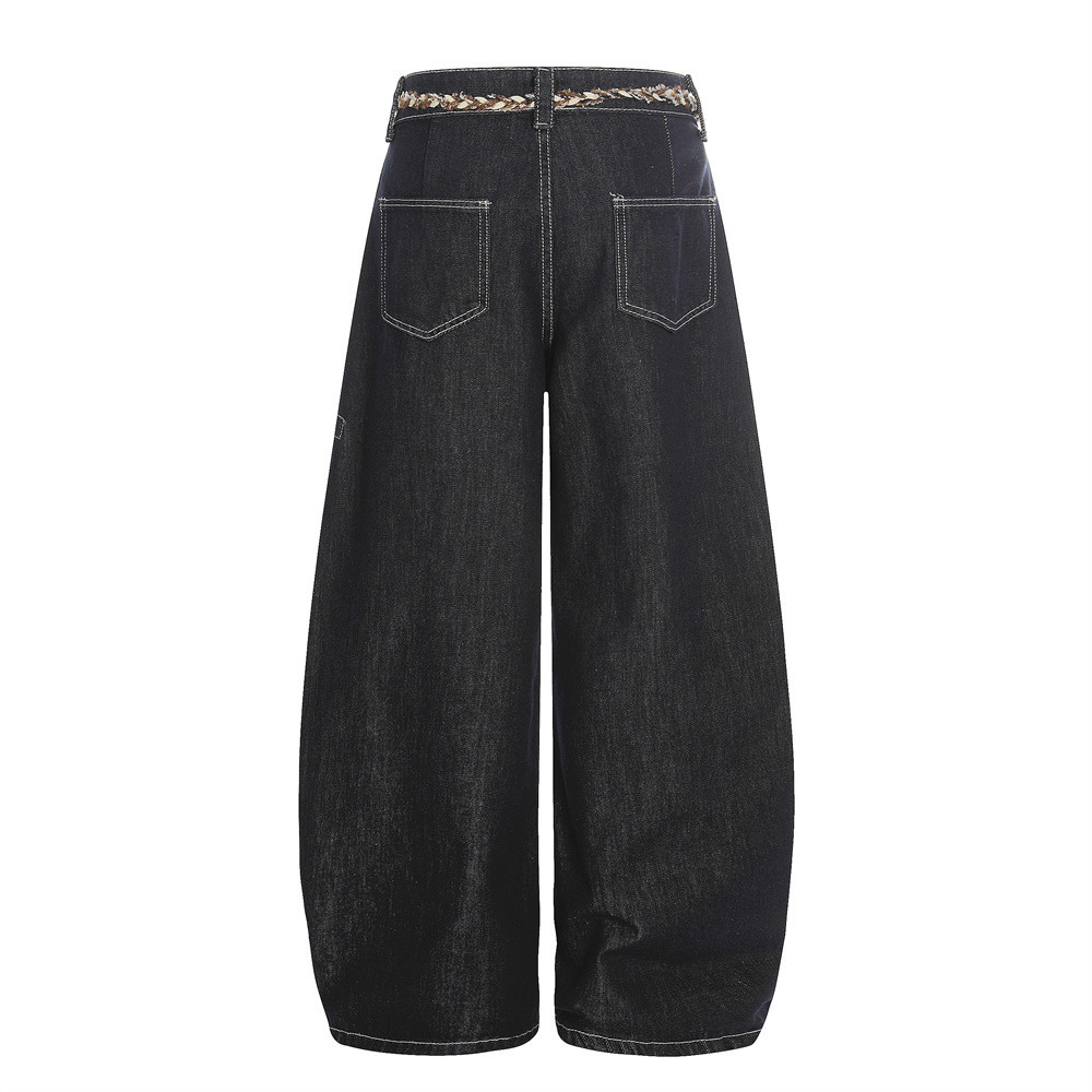 Denim jeans blue loose fit drawstring waist detail