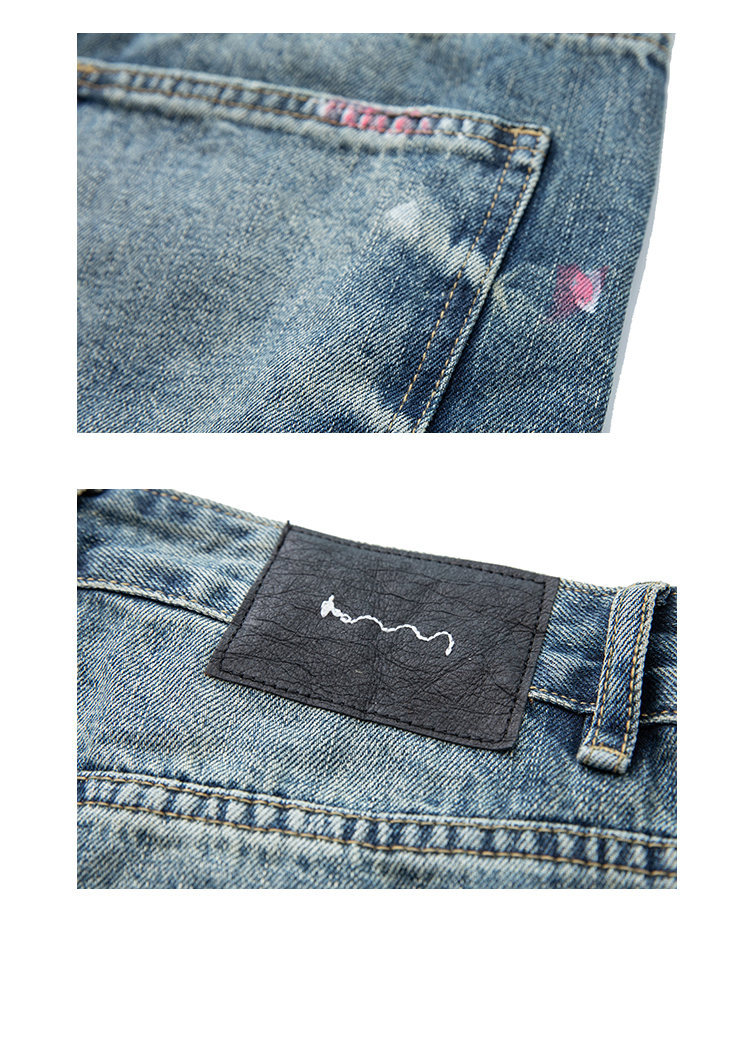 Distressed denim jeans straight cut calf and hem detail