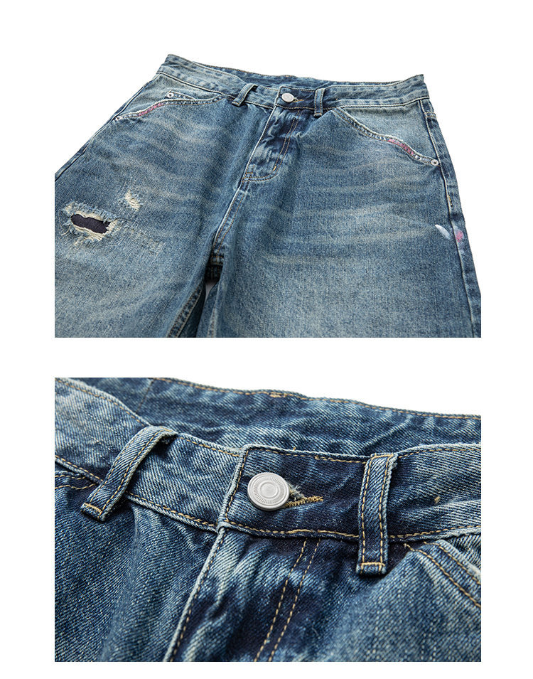 Loose straight leg jeans washed denim side profile