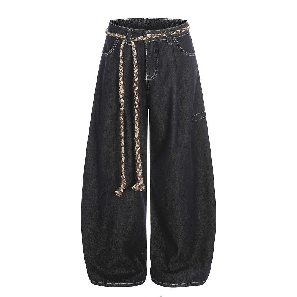 Loose drawstring jeans black denim front view full length