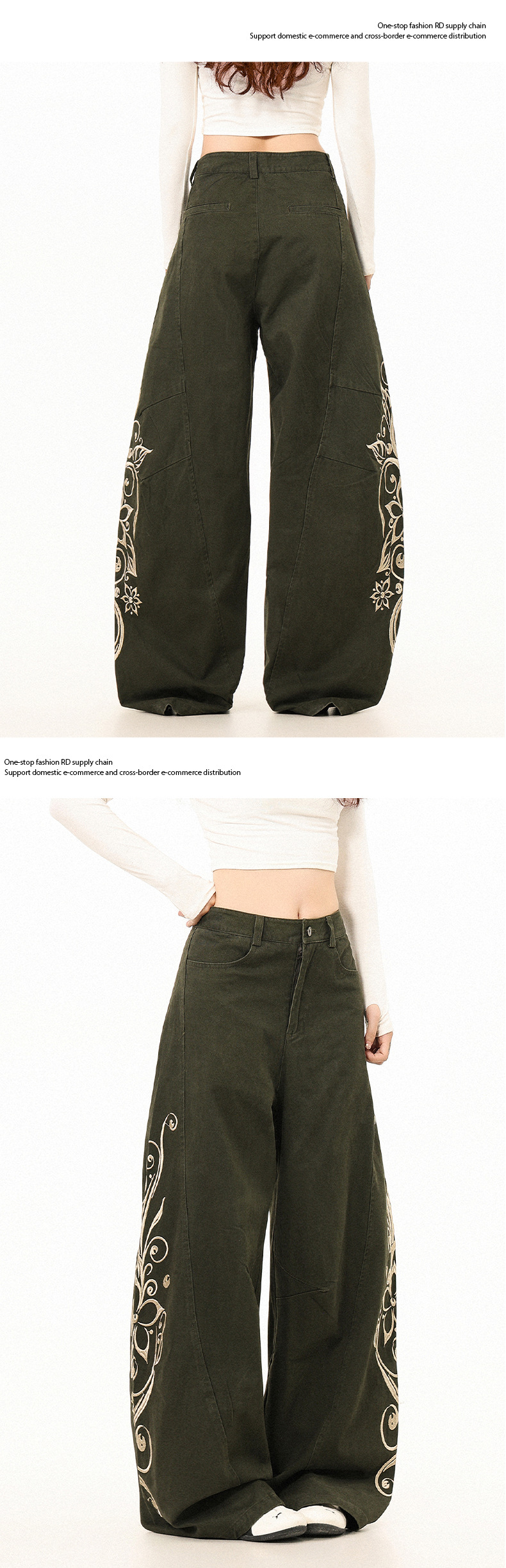 Cotton work pants army green embroidered floral detail front view