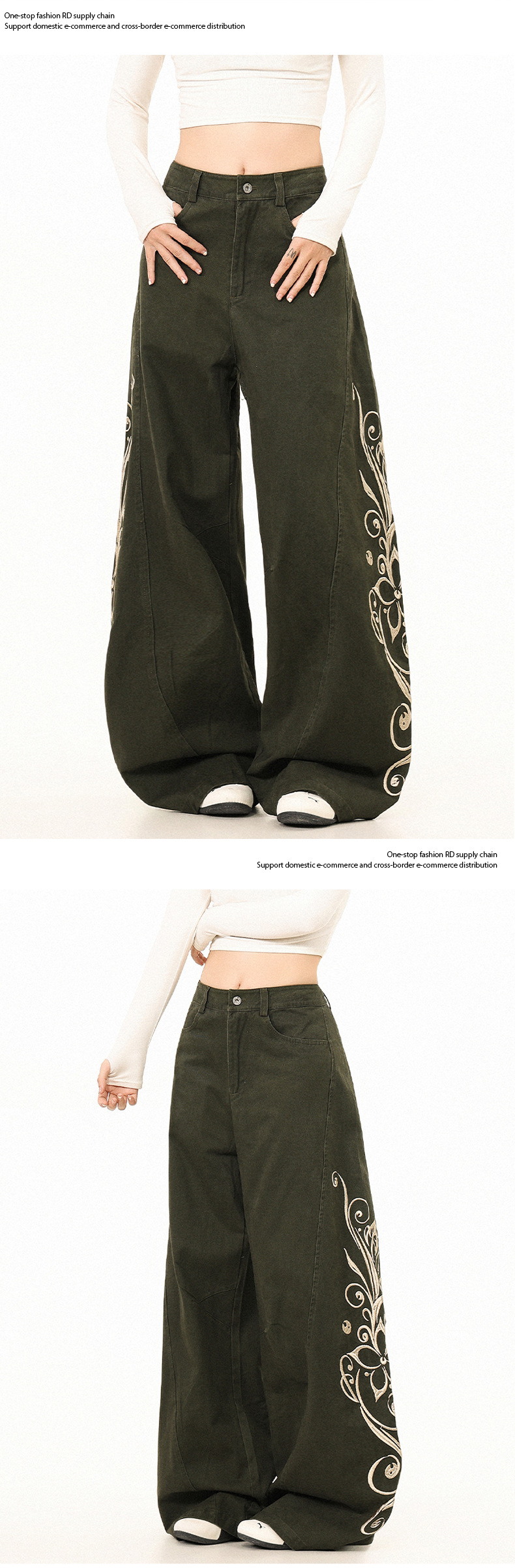 Loose fit embroidered pants brown colorway full length