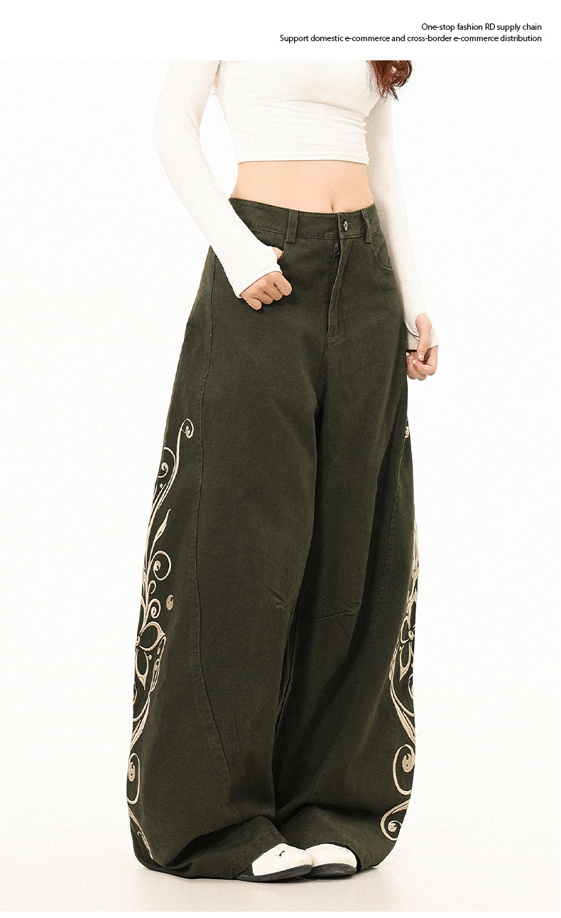 Embroidered cotton work pants mid-rise waist detail close-up